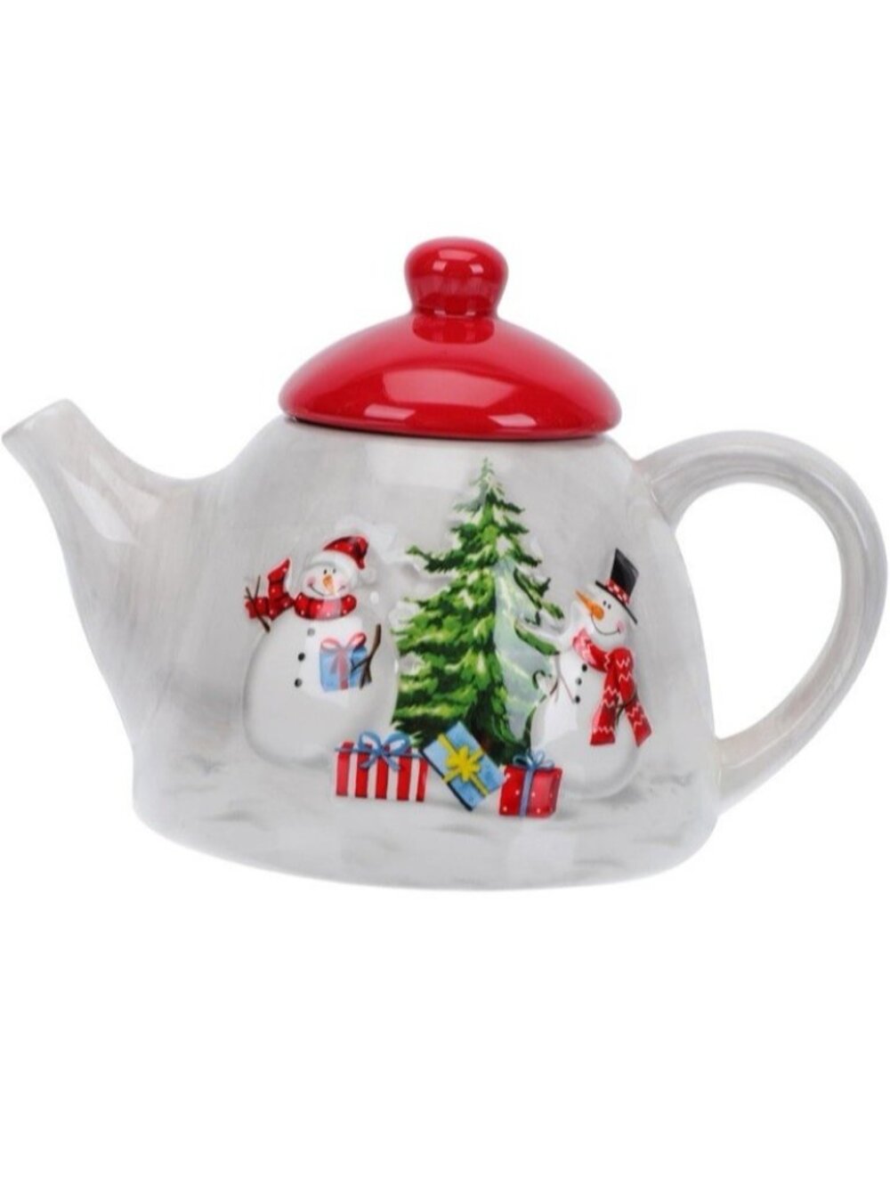 Christmas Ceramic Teapot Milk Pitcher Snowman Holiday Tea Pot Red Lid New